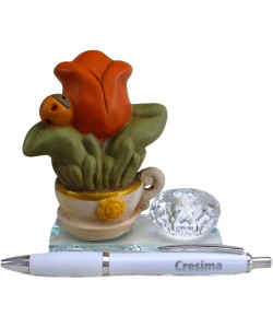 Portapenne in Vetro e porcellana per Cresima con fiori in porcellana girasole tulipano quadrifoglio e coccinella portafortuna