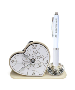 Portapenne in cristallo con Orologio in legno Albero della Vita con Penna Anniversario 25 anni