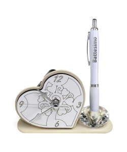 Portapenne in cristallo con Orologio in legno Albero della Vita con Penna Battesimo