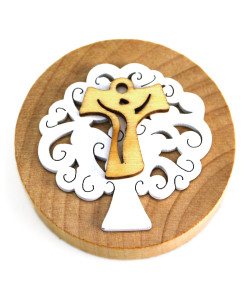 Apri Bottiglie Apribottiglie con Calamita Moderno Design Tondo in Legno + Scatolina in Bambù Albero della Vita Crocifisso Croce Tau Crocetta