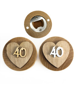 Apri Bottiglie Apribottiglie con Calamita Moderno Design Tondo in Legno + Scatolina in Bambù Cuore 40 Quarantesimo Compleanno Nozze Anniversario Matrimonio