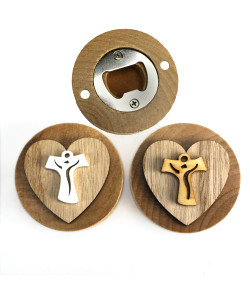 Apri Bottiglie Apribottiglie con Calamita Moderno Design Tondo in Legno + Scatolina in Bambù Cuore Crocifisso Croce Tau Crocetta