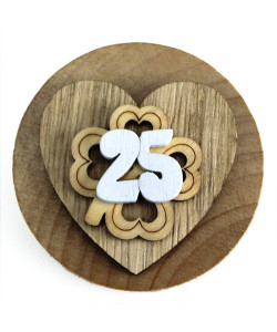 Apri Bottiglie Apribottiglie con Calamita Moderno Design Tondo in Legno + Scatolina in Bambù Cuore e Quadrifoglio Portafortuna 25 Anniversario Nozze Matrimonio Venticinquesimo
