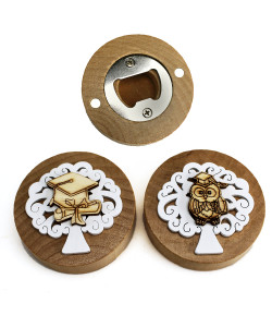Apri Bottiglie Apribottiglie con Calamita Moderno Design Tondo in Legno + Scatolina in Bambù Laurea Gufo Gufetto Cappello Tocco Pergamena