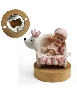 Apri Bottiglie Apribottiglie con Calamita Moderno Design Tondo in Legno Bimba Neonata Femminuccia Rosa Battesimo Comunione