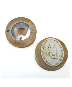 Apri Bottiglie Apribottiglie con Calamita Moderno Design Tondo in Legno con Icona Calice Comunione Grappolo d'uva Vite 
