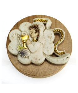 Apri Bottiglie Apribottiglie con Calamita Moderno Design Tondo in Legno con Icona Quadrifoglio e Bimba Calice Prima Comunione