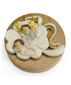 Apri Bottiglie Apribottiglie con Calamita Moderno Design Tondo in Legno con Icona Quadrifoglio Portafortuna e Angelo Neonato Nascita