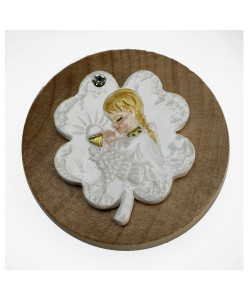 Apri Bottiglie Apribottiglie con Calamita Moderno Design Tondo in Legno con Icona Quadrifoglio Portafortuna e Bimba Calice Prima Comunione