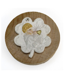 Apri Bottiglie Apribottiglie con Calamita Moderno Design Tondo in Legno con Icona Quadrifoglio Portafortuna e Bimbo Calice Prima Comunione