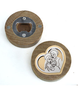 Apri Bottiglie Apribottiglie con Calamita Moderno Design Tondo in Legno Cuore e Sacra Famiglia Nascita Anniversario Comunione Matrimonio Nozze