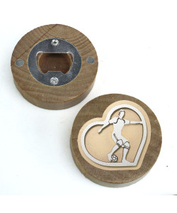 Apri Bottiglie Apribottiglie con Calamita Moderno Design Tondo in Legno Cuore e Calciatore Giocatore di Calcio Football Compleanno