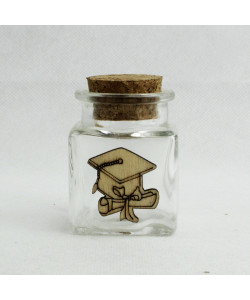 Barattolo in Vetro con Cappello e Pergamena Laurea in Legno Porta Confetti Spezie