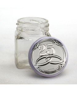 Barattolo in Vetro Quadrato con Tappo in metallo Icona Fedi 25 Anniversario Nozze d'Argento Venticinquesimo Matrimonio Portaconfetti Confettata Segnaposto