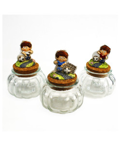 Barattolo in vetro tondo Portaconfetti con Calcio Calciatore Partita Football Nascita Bimbo Battesimo Segnaposto 