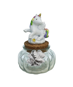 Barattolo in vetro tondo Portaconfetti con Unicorno Arcobaleno su Nuvola in Resina e Quadrifoglio Calice della Prima Comunione Segnaposto Confettata