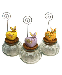 Barattolo Portafoto in vetro tondo Portaconfetti  Memo Clip con Cuore colorato e Farfalla Butterfly Matrimonio Battesimo Comunione Confettata