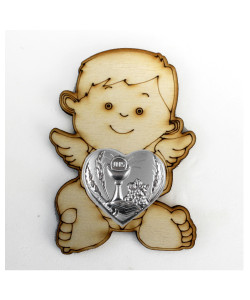 Calamita in legno Magnete Cuore Angelo Angioletto Puttino Calice della Prima Comunione Segnaposto