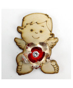 Calamita Magnete Angioletto Puttino in Legno con Fiore in cristallo Segnaposto Confettata