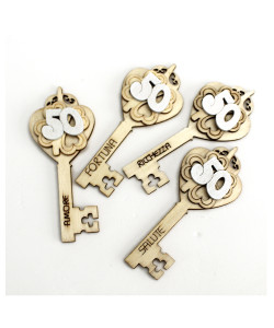 Calamita Magnete Legno Chiave Portafortuna Quadrifoglio 50 Anniversario di Nozze Matrimonio Amore Confettata Segnaposto