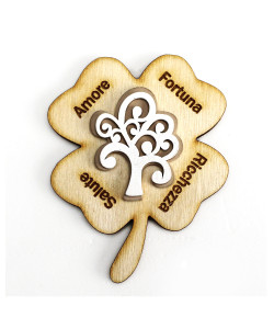 Calamita Magnete Legno Quadrifoglio Portafortuna Albero della Vita Bianco Confettata Segnaposto