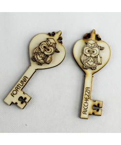 Calamita Chiave Portafortuna in Legno con Gufo Gufetto per Laurea