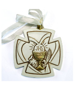 Icona Crocifisso con Calice Comunione e Cuore in resina Segnaposto Pensierino