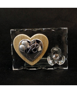 Icona in Vetro con Cuore in Legno e Fiore in Cristallo per 18 Diciottesimo Compleanno