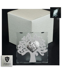Icona in Vetro Cuore Sacra Famiglia e Albero della Vita in Legno Bianco Matrimonio Battesimo Comunione