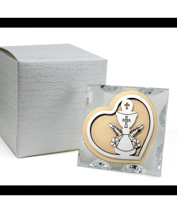 Icona in Vetro e Cristallo Quadretto con Cuore in legno e Calice Prima Comunione 