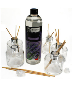 Kit 5 pz Profumatore in Vetro Tondo con Ricarica Profumo Essenza Lavanda Diffusore per Ambienti 500ml