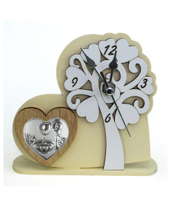 Orologio con Albero della Vita in rilievo legno Cuore Battesimo Fonte Battesimale da Scrivania
