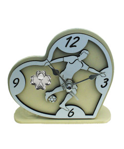 Orologio Cuore con Calciatore Giocatore Calcio Football in rilievo legno Quadrifoglio Calice della Prima Comunione da Scrivania