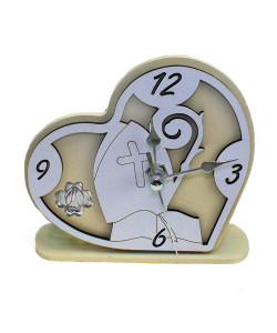 Orologio Cuore con Cappello e Bastone Vescovile in rilievo legno Quadrifoglio Santa Cresima da Scrivania