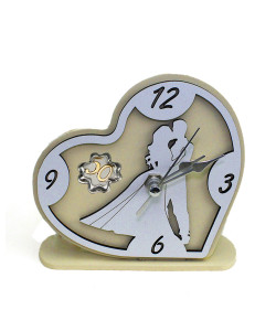 Orologio Cuore con Coppia Sposi in rilievo legno Quadrifoglio 50 Anniversario Nozze Cinquantesimo Compleanno da Scrivania