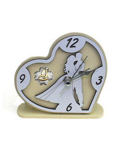 Orologio Cuore con Coppia Sposi in rilievo legno Quadrifoglio Anniversario Nozze Matrimonio Fedi da Scrivania