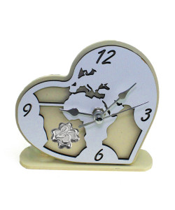 Orologio Cuore con Mappamondo Mondo in rilievo legno Quadrifoglio 25 Anniversario Nozze Venticinquesimo Compleanno da Scrivania