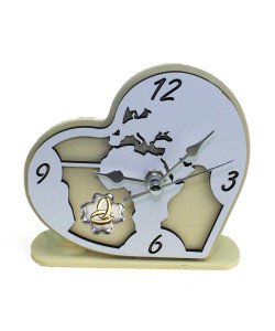 Orologio Cuore con Mappamondo Mondo in rilievo legno Quadrifoglio Anniversario Nozze Matrimonio Fedi da Scrivania