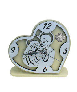 Orologio Cuore con Sacra Famiglia in rilievo legno Quadrifoglio Albero della Vita da Scrivania