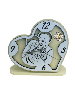 Orologio Cuore con Sacra Famiglia in rilievo legno Quadrifoglio Anniversario Nozze Matrimonio Fedi da Scrivania