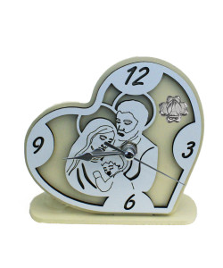 Orologio Cuore con Sacra Famiglia in rilievo legno Quadrifoglio Santa Cresima da Scrivania