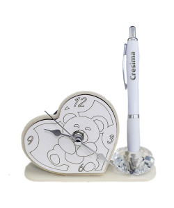 Portapenne in cristallo con Orologio in legno Orsetto Orso con Penna Cresima