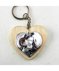 Portachiavi Ciondolo Cuore in Legno con Madonna e Bambino