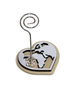 Portafoto Memo Clip Cuore in legno e Mondo Mappamondo Viaggi Travel Nozze Compleanno 