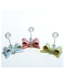 Portafoto Memo Clip in Cristallo con Fiocco Pois Panna Bianco Rosa Colorato in Porcellana Matrimonio Battesimo Comunione Confettata Segnaposto