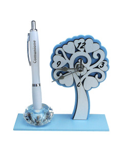 Portapenne Azzurro in cristallo con Orologio in legno Albero della Vita con Penna per Comunione