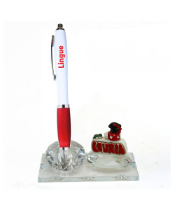 PortaPenne Calamaio in vetro e cristallo con Penna per Laurea in Lingue straniere Quadrifoglio Pergamena Tocco in resina 