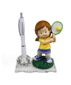 PortaPenne in Cristallo Bimba Ragazza Racchetta Pallina Tennis Battesimo Penna Scrivania