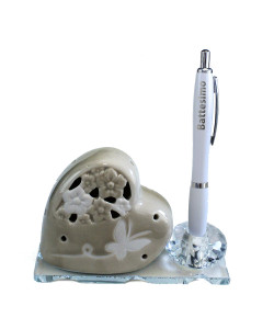 PoPortaPenne in Cristallo con Cuore in Porcellana Penna Battesimo