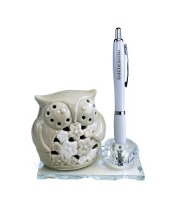 PortaPenne in Cristallo con Gufo in Porcellana Penna Battesimo